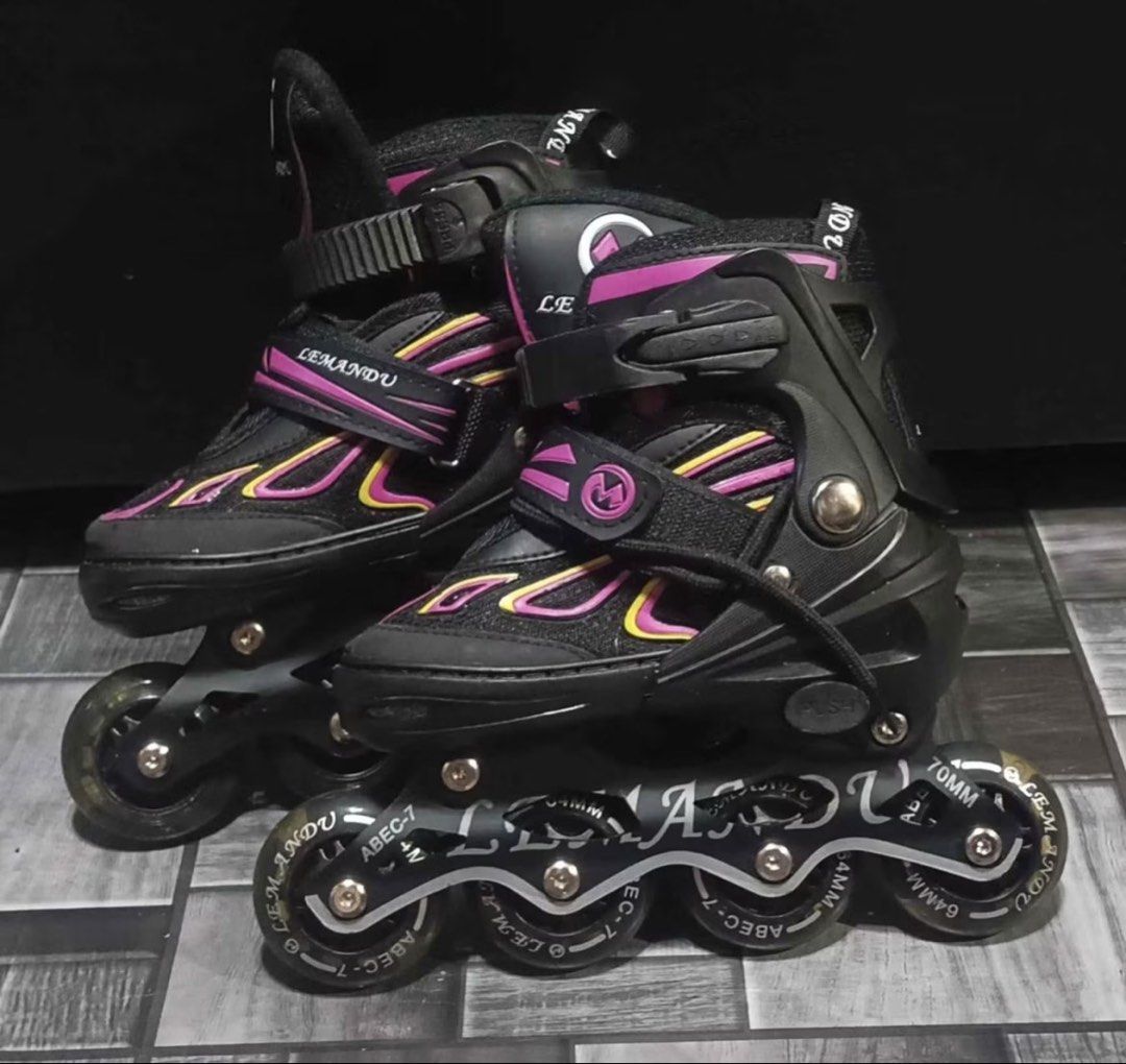 L'EMANDU Inline Skates - Adjustable Size (Category: Skates, Rollerblades & Scooters) located in Baguio. Submitted by thrifty_cool (Listing ID 1445879387, Image 1). Description: - Brand: L'EMANDU - Color: Black and Pink - Wheel Size: 70mm (front) and 64mm (rear) - Bearings: ABEC-7 - Features: Adjustable sizing, secure straps and laces - Ideal for: Beginners and casual skaters.