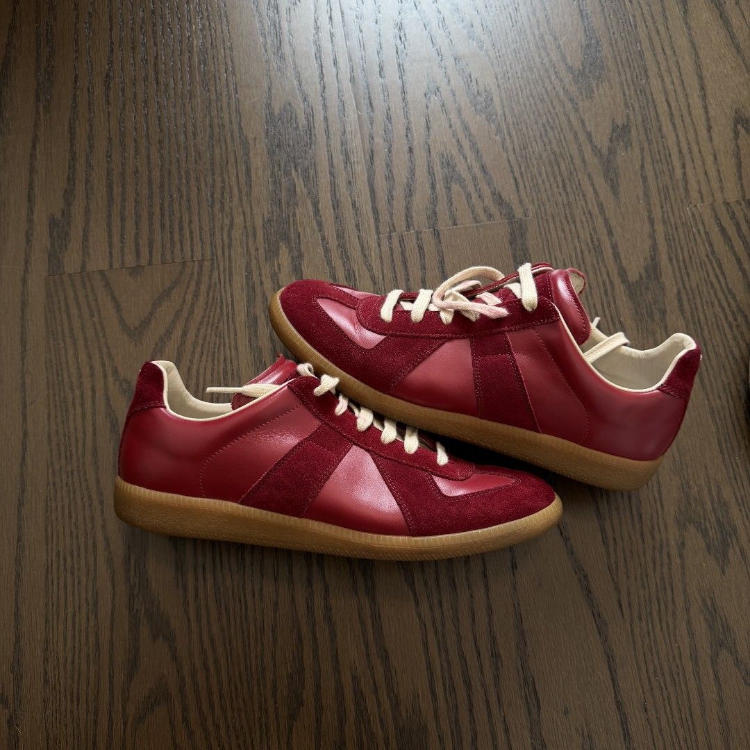 Maison Margiela gats(Burgundy Red) (Category: Sneakers & Footwear) located in Makati City. Submitted by donda.archives (Listing ID 1445839779, Image 1). Description: Size 40-47. Batch with fully built-in NFC chip. Imported INCAS leather used. The leather has a nice matte finish, and the overall shoe shape is solid with no issues. The overall leather color is consistent. Everything follows the same standards: the entire shoe is genuine leather, an