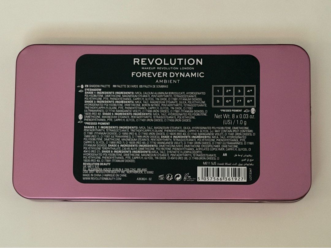 Makeup Revolution Forever Dynamic Ambient Eyeshadow Palette (Category: Makeup) located in Agdangan. Submitted by tonililies (Listing ID 1445842014, Image 2). Description: - Features 8 shades - Net weight: 1.03 oz (11g).