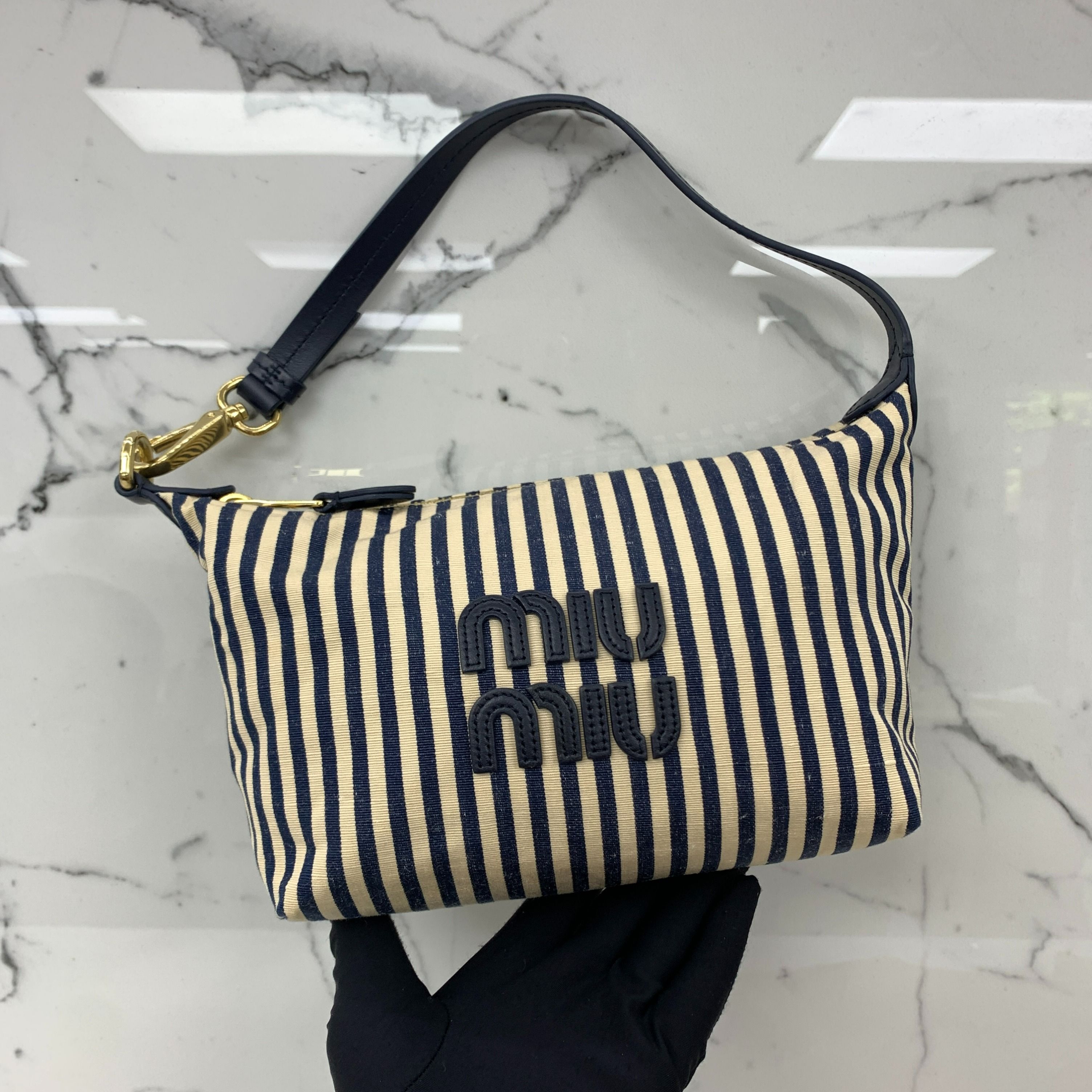 MIU MIU NAVY/BEIGE BAG CANVAS 5NE841 ONE SHOULDER HOBO STRIPE 