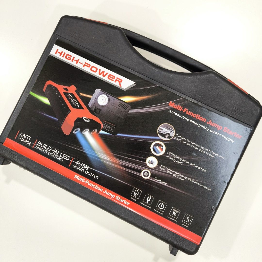 Multi Function Battery Jump Starter (Category: Auto Accessories) located in Kuala Lumpur. Submitted by anthracite20 (Listing ID 1445823630, Image 3). Description: Multi Function Battery Jump Starter RM100 Brand new in complete box set comes with: - battery capacity 99800mAh flash light, compass & 4 usb type A port - electric tyre compressor - jump start cable - power adapter & in car charger Note: Please refer photos for full specs. COD Subang/PJ