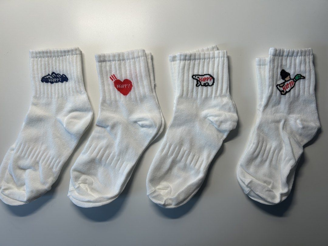 patterned socks (Category: Socks & Tights) located in Singapore. Submitted by secondhand_studio (Listing ID 1445810573, Image 2). Description: - set of 4 supercool crew socks - designs: duck, heart, polar bear, mountain - free size|material: cotton -$2 each/$7 for all 4 ( cash only )! - comes in a resealable plastic bag ( only when purchasing all 4) .