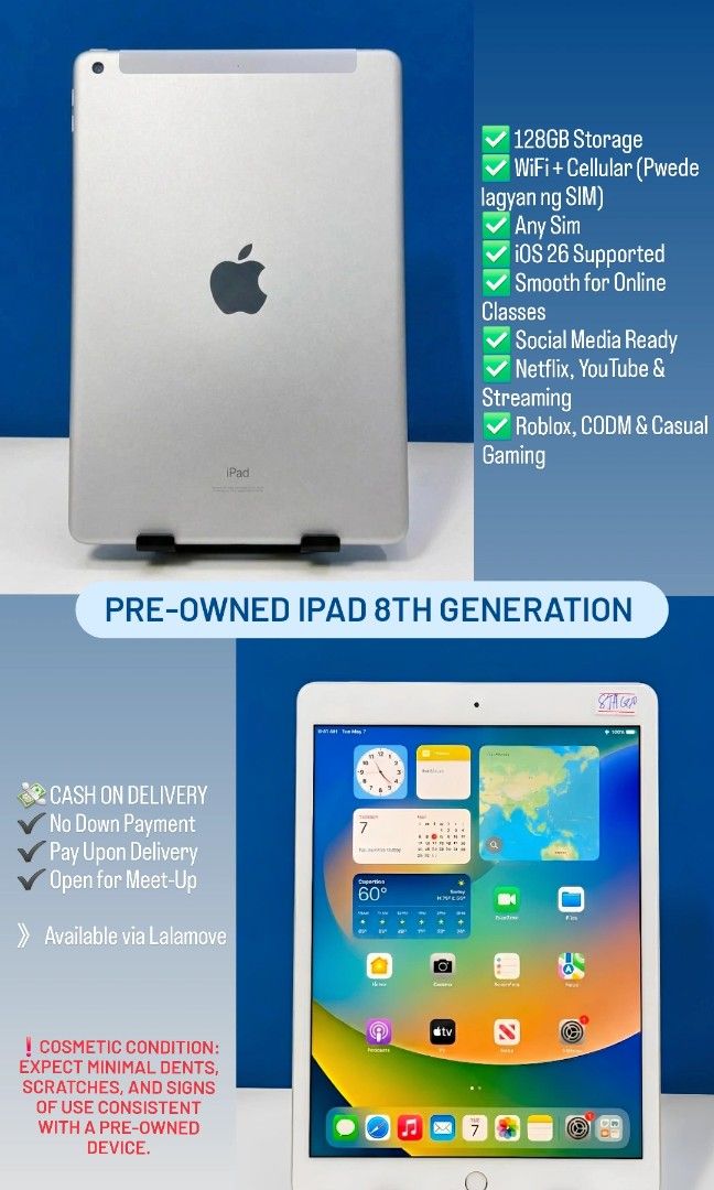 Pre-Owned iPad 8th Gen - 128gb WiFi + Cellular (Category: iPad) located in Cainta. Submitted by lara_r. (Listing ID 1445854052, Image 3). Description: iPad 8th Generation ✅ 128GB Storage ✅ WiFi + Cellular (Pwede lagyan ng SIM) ✅ iOS 26 Supported ✅ Smooth for Online Classes ✅ Social Media Ready ✅ Netflix, YouTube & Streaming ✅ Roblox, CODM & Casual Gaming 💸 CASH ON DELIVERY (COD) ✔️ No Down Payment ✔️ Pay Upon Delivery ✔️ Open for Meet-Up ✔️ Avai