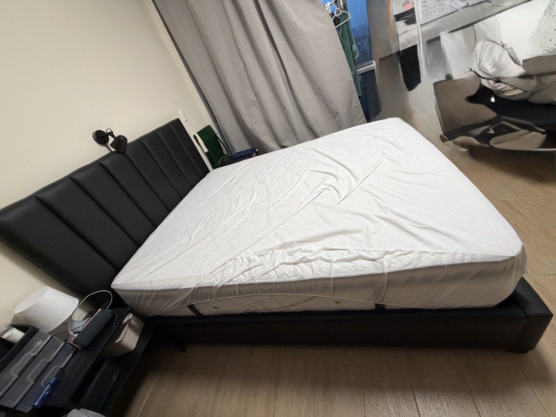 Queen size bed frame and mattress (Category: Bed Frames & Mattresses) located in Quezon City. Submitted by rlschaefer (Listing ID 1445981408, Image 3). Description: - Bed frame - black leather from OUR HOME Mattress - Premium Latex Spring from MANDAUE FOAM BOTH ITEMS ARE IN SUPERB “LIKE NEW” CONDITION - used with Mattress protector (not included) since day 1 - Sold as a set - Pickup only Bought for 44,590.