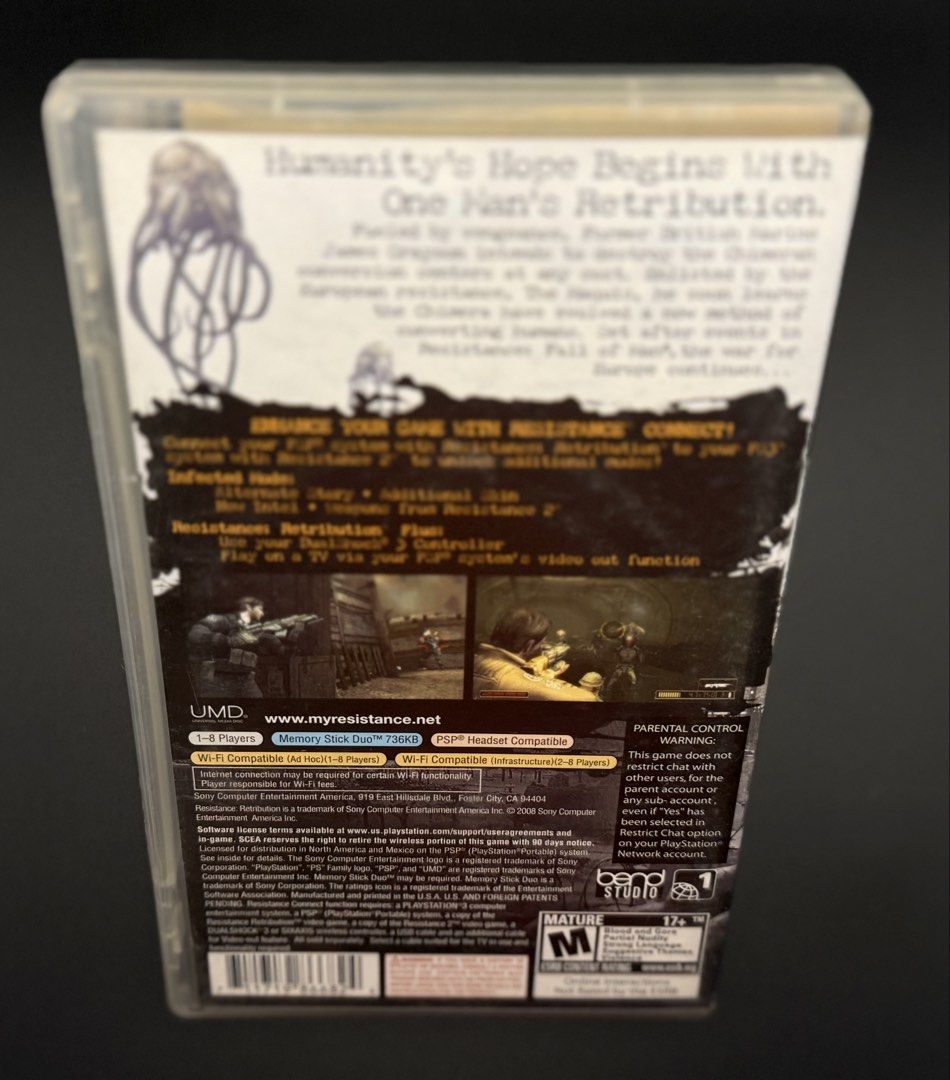 Resistance Retribution PSP UMD Game (Category: PlayStation) located in Las Pinas. Submitted by cjdmc (Listing ID 1445861209, Image 2). Description: - Resistance Retribution for PSP - UMD disc included in case - Original manual and case included - Exciting action game - Play as James Grayson.