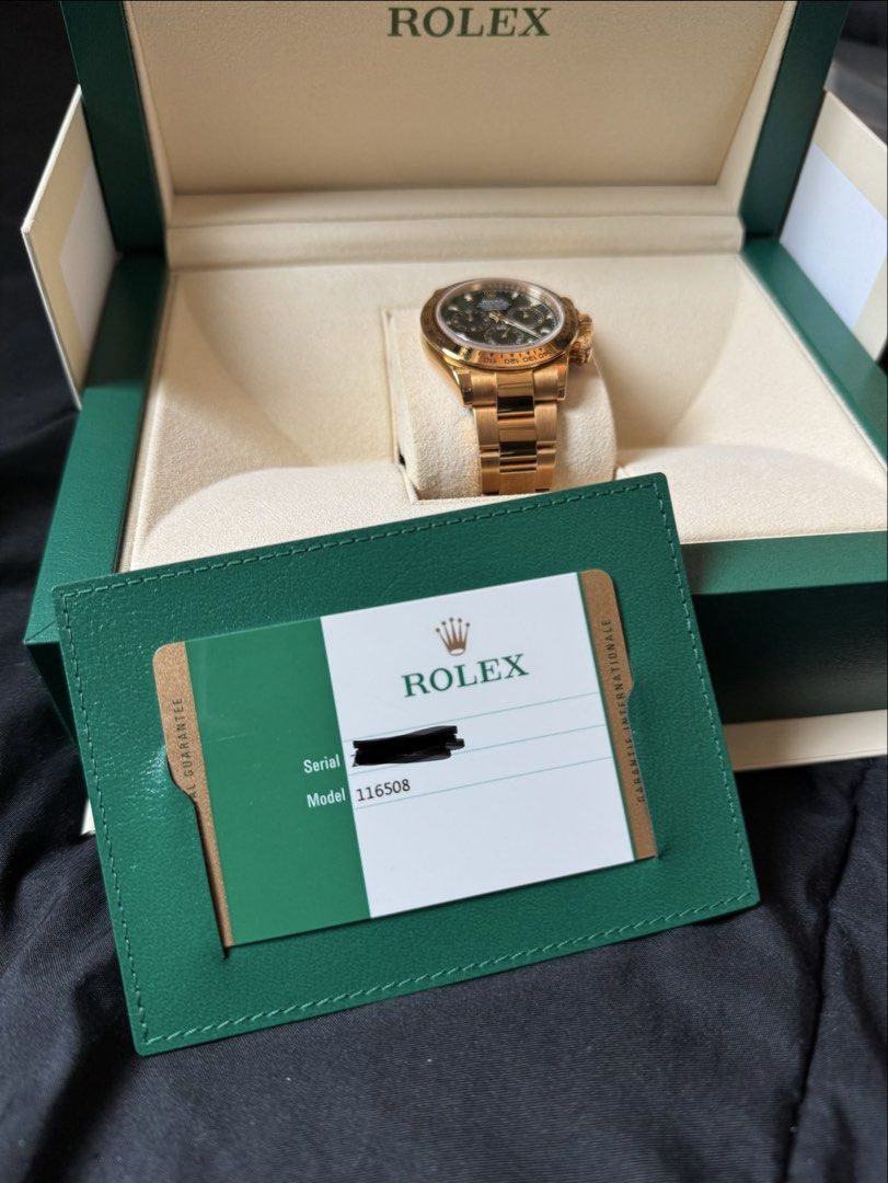Rolex Daytona 116508 Yellow Gold John Mayer (Category: Watches) located in Singapore. Submitted by gggems (Listing ID 1445974498, Image 2). Description: Brand: Rolex Model: 116508 Condition: Mint 9.5/10 condition. Very slight Hairline scratches as expected. This watch is seldom worn and is a safe queen. Dial: Green Case Diameter: 40mm Material: Yellow Gold Original Box: Yes with triple box Original Cert/Papers: Yes (no white tag) Dated: Oct 2018 