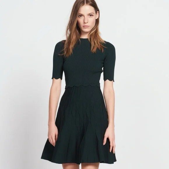 Sandro Dress Black Viscose (Category: Dresses) located in Manila. Submitted by tvrfinds (Listing ID 1445973422, Image 3). Description: Black knit dress with short sleeves. Features a scalloped neckline and hem. The skirt has a textured pattern. Great for dressing up or down. Authentic Good as new condition .