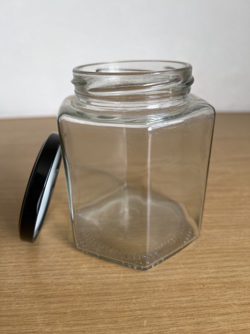 Set of 7 Hexagonal Glass Jars with Black Lids