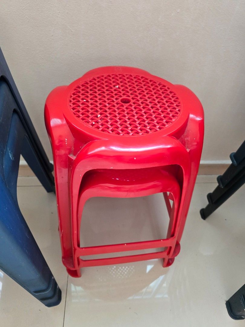 Stackable Plastic Stools (Blue & Red) (Category: Chairs) located in Singapore. Submitted by khvoom (Listing ID 1445859666, Image 3). Description: - Set of 3 stackable plastic stools - Colors: 2 dark blue, 1 bright red - Ideal for extra seating (home or events) - Durable plastic construction - Suitable for indoor and outdoor use - Stacks neatly for convenient storage - Take as per photo condition for all stools.
