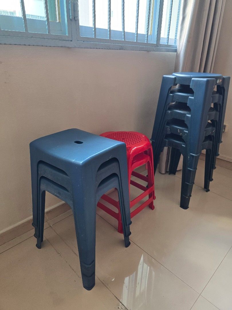Stackable Plastic Stools (Blue & Red) (Category: Chairs) located in Singapore. Submitted by khvoom (Listing ID 1445859666, Image 1). Description: - Set of 3 stackable plastic stools - Colors: 2 dark blue, 1 bright red - Ideal for extra seating (home or events) - Durable plastic construction - Suitable for indoor and outdoor use - Stacks neatly for convenient storage - Take as per photo condition for all stools.