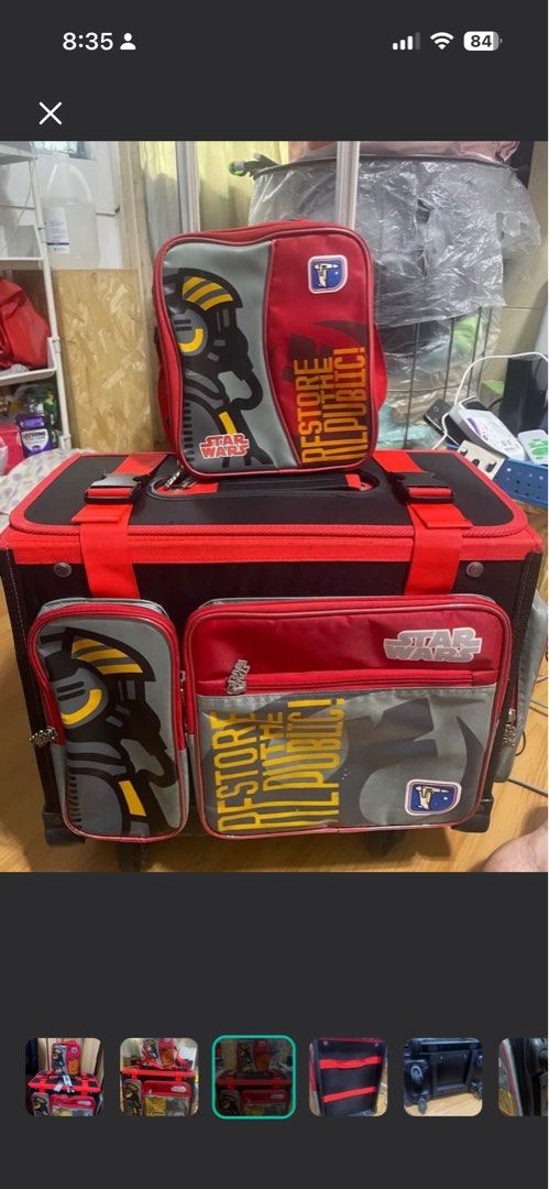 Star Wars Rolling Luggage Set with Matching Lunch Bag (Category: Luggage) located in Manila. Submitted by onegaishoppermnl (Listing ID 1445803887, Image 3). Description: - Selling this Star Wars Big Trolley Bag. Used for only about a month and still in very good condition. RFS: no longer needed since my child shifted to homeschooling. Spacious and sturdy Comes with matching lunch bag Trolley Bag Dimensions • Width: 33 cm • Length: 46 cm • Height:
