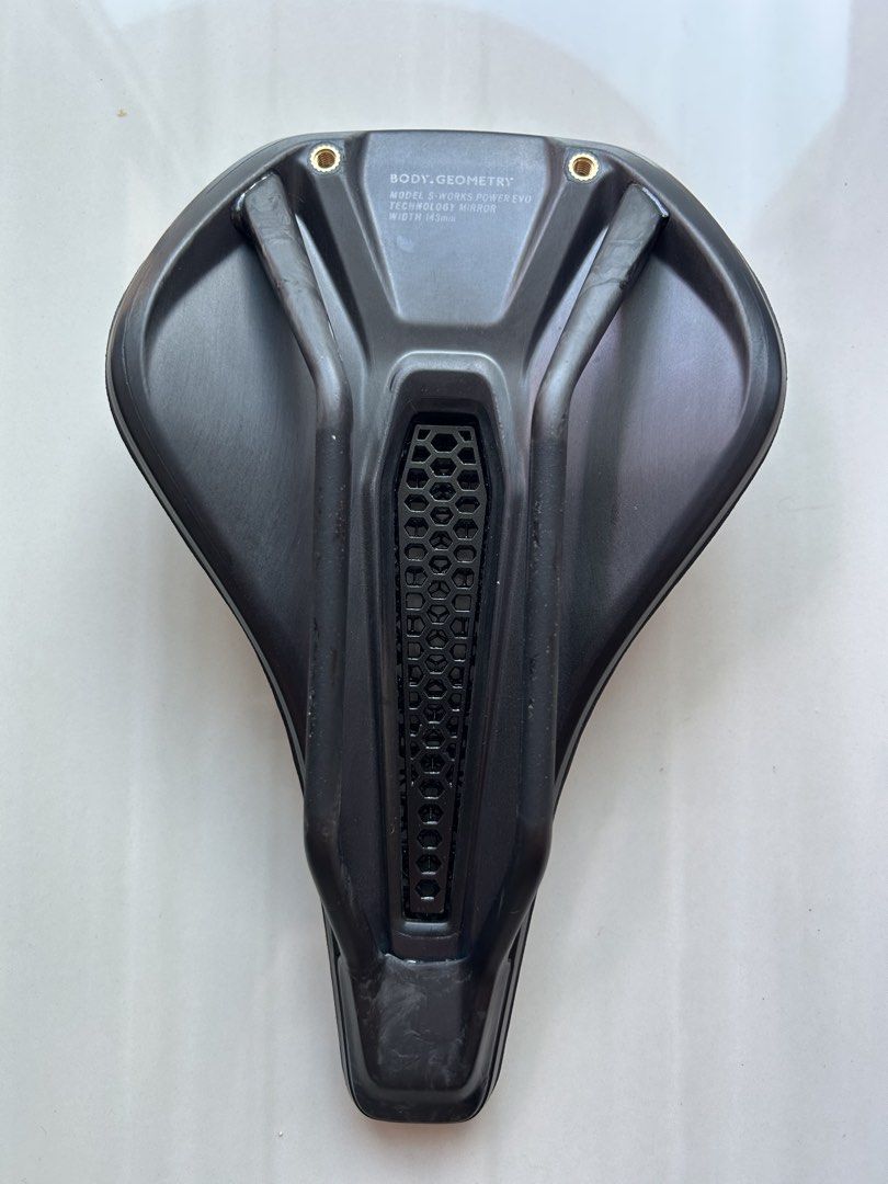 S-Works Power Evo Mirror Saddle (Category: Parts & Accessories) located in Singapore. Submitted by whitearrows (Listing ID 1444225673, Image 2). Description: 143mm S-Works Power Evo Mirror Taken off a brand new bike Never been ridden on before.