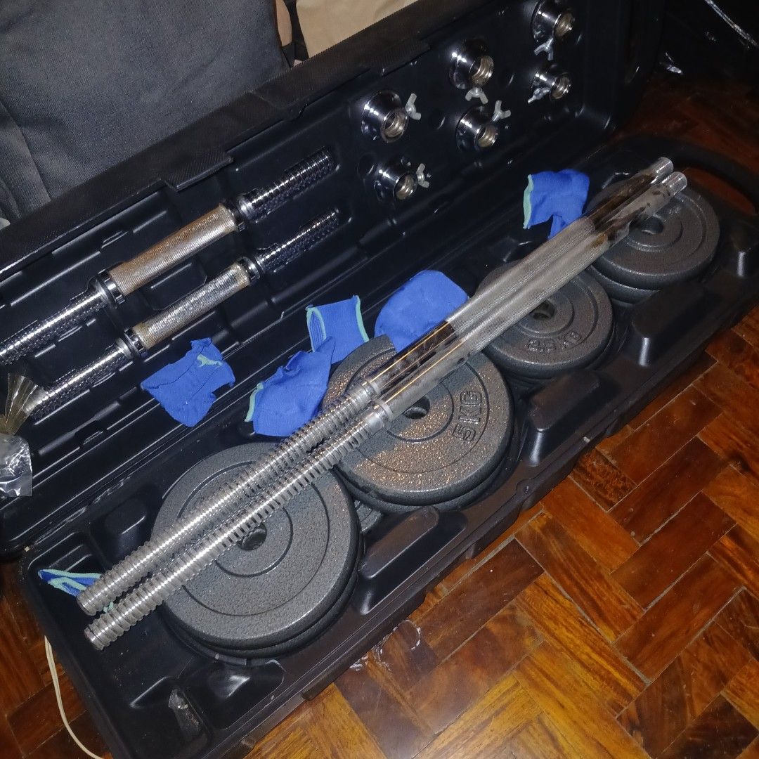 Take all Basic Weights setup rack, plates, barbell and dumbell bars (Category: Weights & Dumbbells) located in Pasig City. Submitted by living.song (Listing ID 1445957003, Image 2). Description: RFS: Moving out and switched to gym membership Perfect for those who have/are building a home gym Listing includes: 6ft barbell bar w/ original sprockets Rack - very sturdy with adjustable rack/barbell rest heights Weights set: 4 x 5kg plates 4 x 2.5kg pl