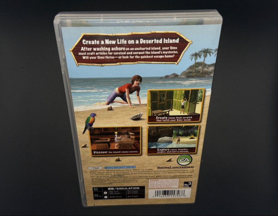 The Sims 2 Castaway PSP UMD Game (Category: PlayStation) located in Las Pinas. Submitted by cjdmc (Listing ID 1445856078, Image 2). Description: - The Sims 2 Castaway for PSP - Create a new life on a deserted island - Craft items for survival - Unravel island mysteries - Explore caves, beaches, and jungles - Discover the island's secrets - Will your Sims thrive or seek escape?.