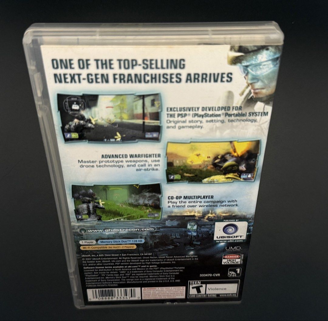Tom Clancy's Ghost Recon 2 Advanced Warfighter PSP UMD Game (Category: PlayStation) located in Las Pinas. Submitted by cjdmc (Listing ID 1445858074, Image 2). Description: - Tom Clancy's Ghost Recon 2 Advanced Warfighter for PSP - UMD Disc Version - Intense tactical combat gameplay - Compelling storyline - Solo and ad-hoc multiplayer modes available - Ideal for fans of military shooter games.