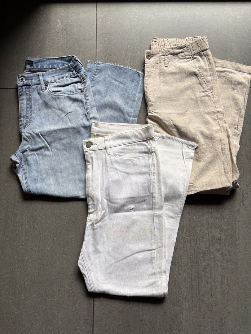 Uniqlo jeans/ trousers (Category: Jeans) located in Pasig City. Submitted by blt78 (Listing ID 1445860214, Image 1). Description: UNIQLO white skinny jeans Size 29 Waist 15.5in Length 37in Uniqlo denim ripped jeans Size 26 Straight leg, ankle length Uniqlo easy trousers Size S Straight leg, ankle length SOLD.