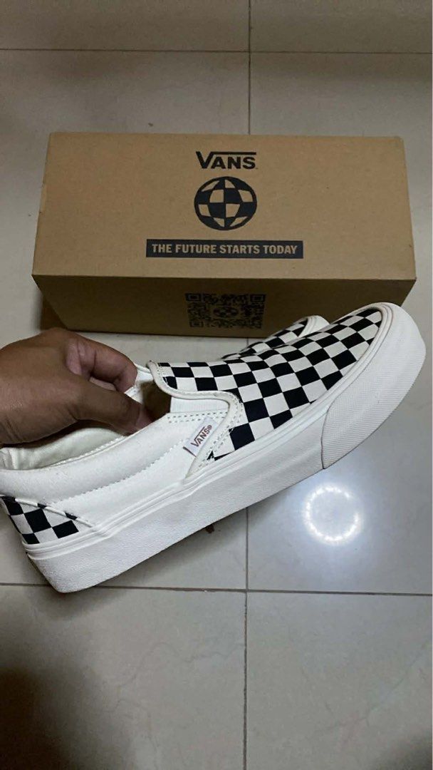 Vans Checkerboard Slip-On Shoes with Box (Category: Casual Shoes) located in Batangas. Submitted by dcastrogwe16756 (Listing ID 1445894435, Image 3). Description: - Classic Vans checkerboard slip-on shoes -used twice only - Comes with original Vans box - Iconic black and white checkerboard pattern - Easy slip-on design for everyday comfort - Box features unique graphic with 'The Future Starts Today' text - A must-have for any Vans enthusiast.