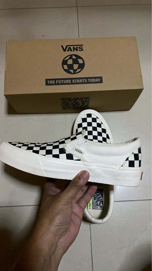 Vans Checkerboard Slip-On Shoes with Box (Category: Casual Shoes) located in Batangas. Submitted by dcastrogwe16756 (Listing ID 1445894435, Image 2). Description: - Classic Vans checkerboard slip-on shoes -used twice only - Comes with original Vans box - Iconic black and white checkerboard pattern - Easy slip-on design for everyday comfort - Box features unique graphic with 'The Future Starts Today' text - A must-have for any Vans enthusiast.
