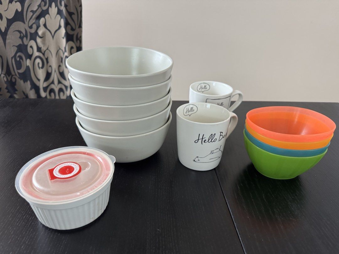 White Ceramic Bowls, Mugs, and Plastic Bowls