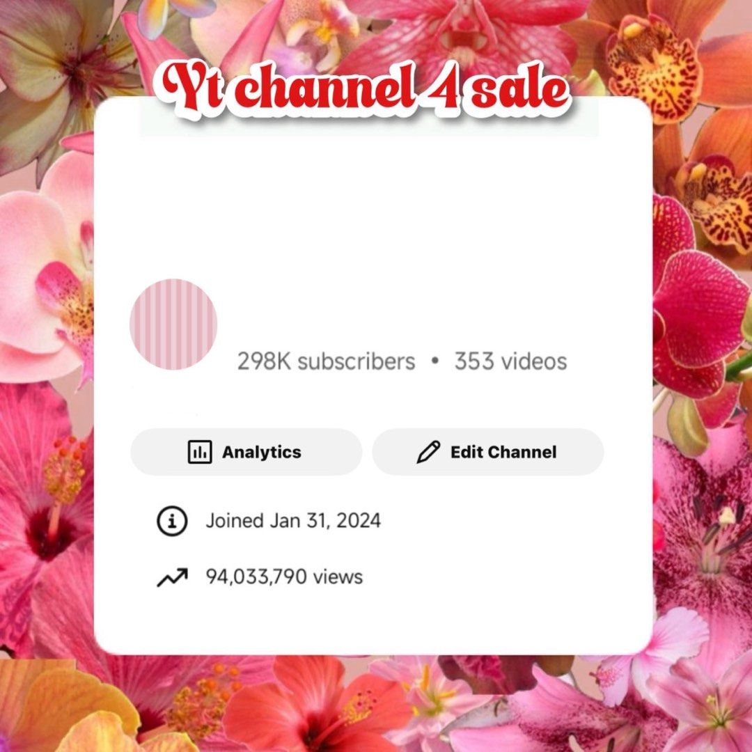 youtube channels for sell (Category: Announcements) located in Marikina City. Submitted by farahsboosting (Listing ID 1445926504, Image 2). Description: wts lfb for sale youtube channel • yt channels good for starting vloggers & content creators • organic subs • can change all details • ready to transfer #available dm dm #wts.