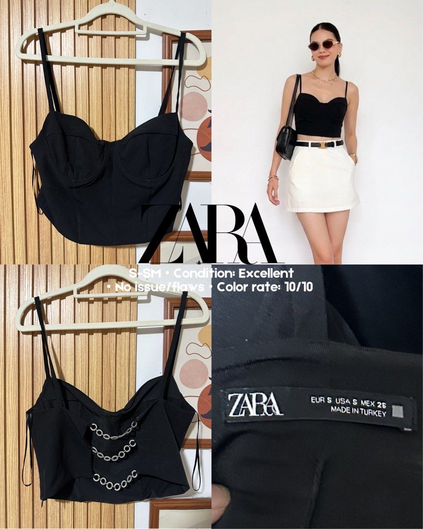 Zara Black Corset Style Crop Top (Category: Others Tops) located in Talavera. Submitted by trendzone.collection (Listing ID 1445975335, Image 1). Description: - Cute black crop top from Zara - Corset-style bust - Adjustable spaghetti straps - Unique chain detail on the back - Versatile for dressing up or down - Size S/SM - No issues or flaws, 10/10 color.