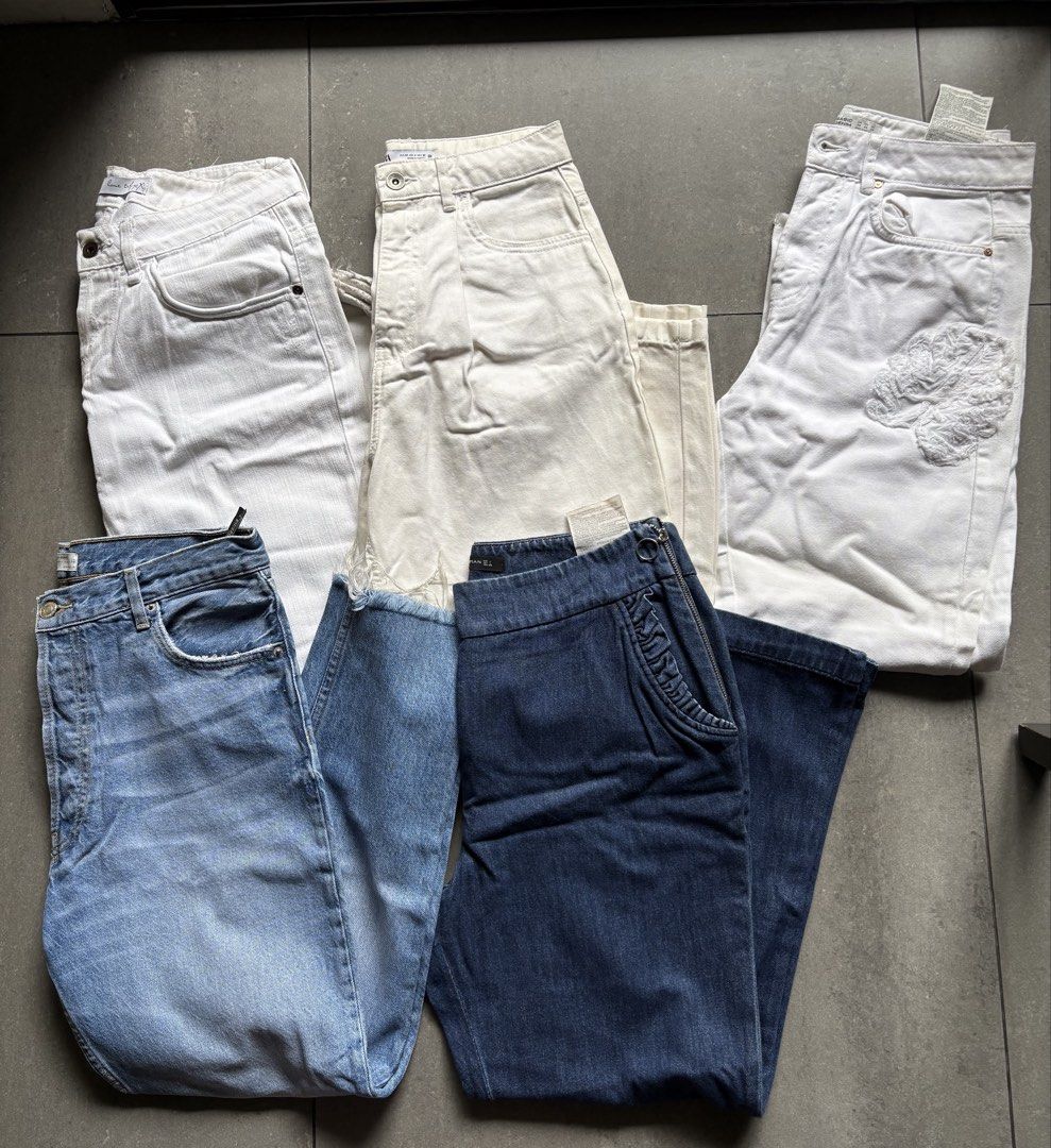ZARA denim jeans and skort (Category: Skirts) located in Pasig City. Submitted by blt78 (Listing ID 1445858670, Image 1). Description: Pls read: ZARA WOMAN dark wash side zip pants (lower right) Large Waist 16in Length 36.5in ZARA 5 button denim pants (lower left) EU 38 Waist 16in Length 36.5in ZARA TRF white jeans (upper left) Waist 16.5in Length 37.5in ZARA BASIC white embroidered jeans (upper right) EU 38 Waist 15.5in Length 38in ZARA balloon 
