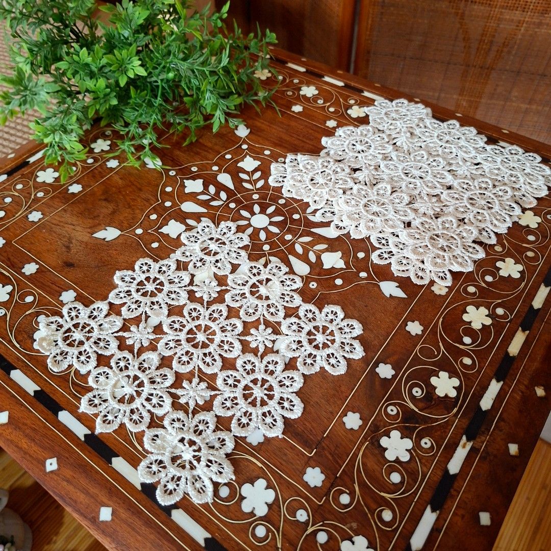 4pcs Embroidery lace coasters (Category: Table Linen & Textiles) located in Dasmarinas. Submitted by millennialmeetsvintage (Listing ID 1446040725, Image 2). Description: 14 x 14 cm set of 4 last price posted, no haggling 🙅🏻‍♀️ 🌍ships from DASMA, CAVITE 🚚 shipping via Lalamove only ❌no reservations, first-to-pay basis ❌no physical store, no walk-ins ❌no COD transactions.