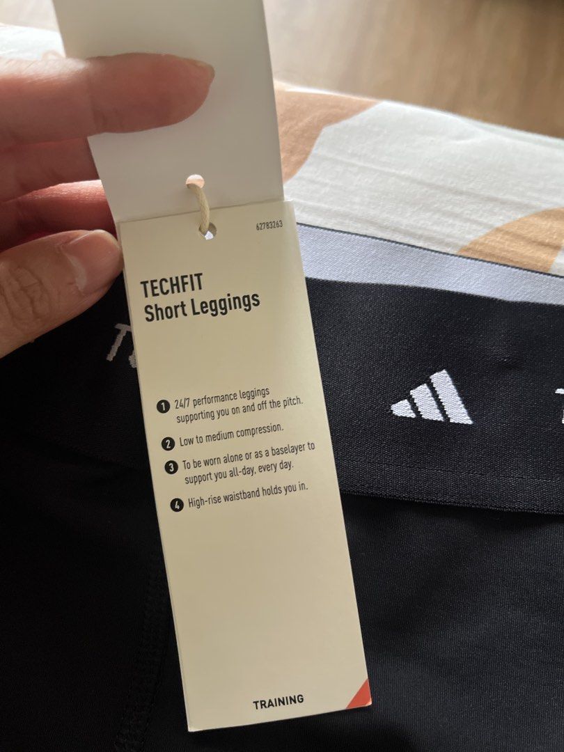 Women’s Adidas TechFit black compression shorts (5-inch length), size M (Category: Activewear) located in Pasig City. Submitted by prelovedat99 (Listing ID 1446072928, Image 2). Description: - Brand new Adidas Techfit short leggings - Color: Black - Size: M - Material: 73% Polyester, 27% Elastane - Features: compression, high-rise waistband - Ideal for: Workouts, training, base layer - Condition: Brand new with tags.