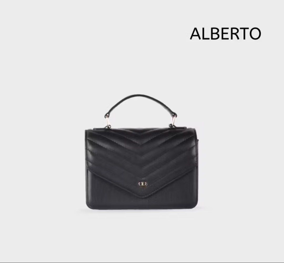 ALBERTO Black Quilted Handbag Wallet Pouch Set (Category: Luxury Bags & Wallets) located in Meycauayan. Submitted by twinblessing (Listing ID 1446159818, Image 2). Description: - Complete ALBERTO handbag set - Includes black quilted handbag, matching wallet, and wristlet pouch - All items feature the ALBERTO logo - Handbag has top handle and detachable crossbody strap - Interior is beige with ALBERTO branded lining - Makes a great gift set.