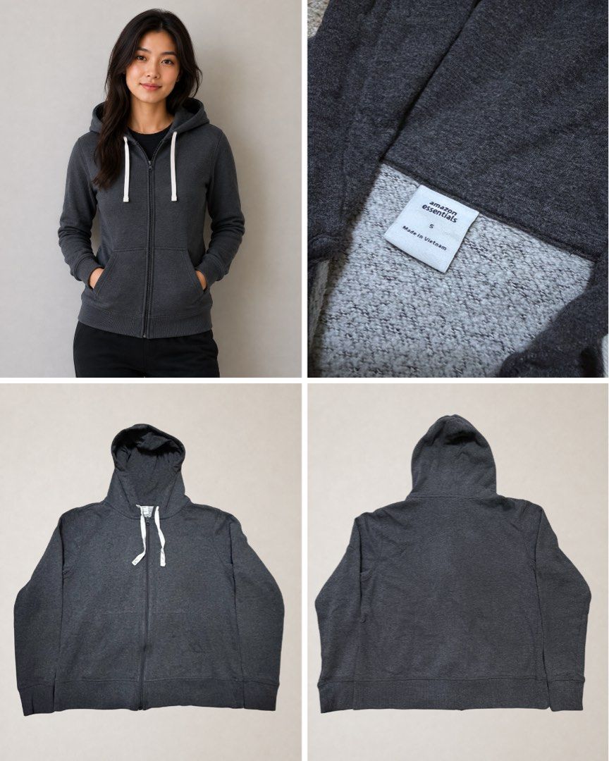 0005 - AMAZON ESSENTIALS Hoody Jacket (Category: Coats, Jackets and Outerwear) located in Silang. Submitted by ctb.ph (Listing ID 1446133580, Image 1). Description: 🏷️BRAND: Amazon Essentials (Authentic) 🎨COLOR: Charcoal Gray 📐SIZE & FIT: Small (S) W - 18 Inch L - 22Inch 💎 CONDITION: Excellent, pre-loved condition. No noticeable stains or tears. The main front zipper and pocket compartments are fully functional. The white drawstrings show lig