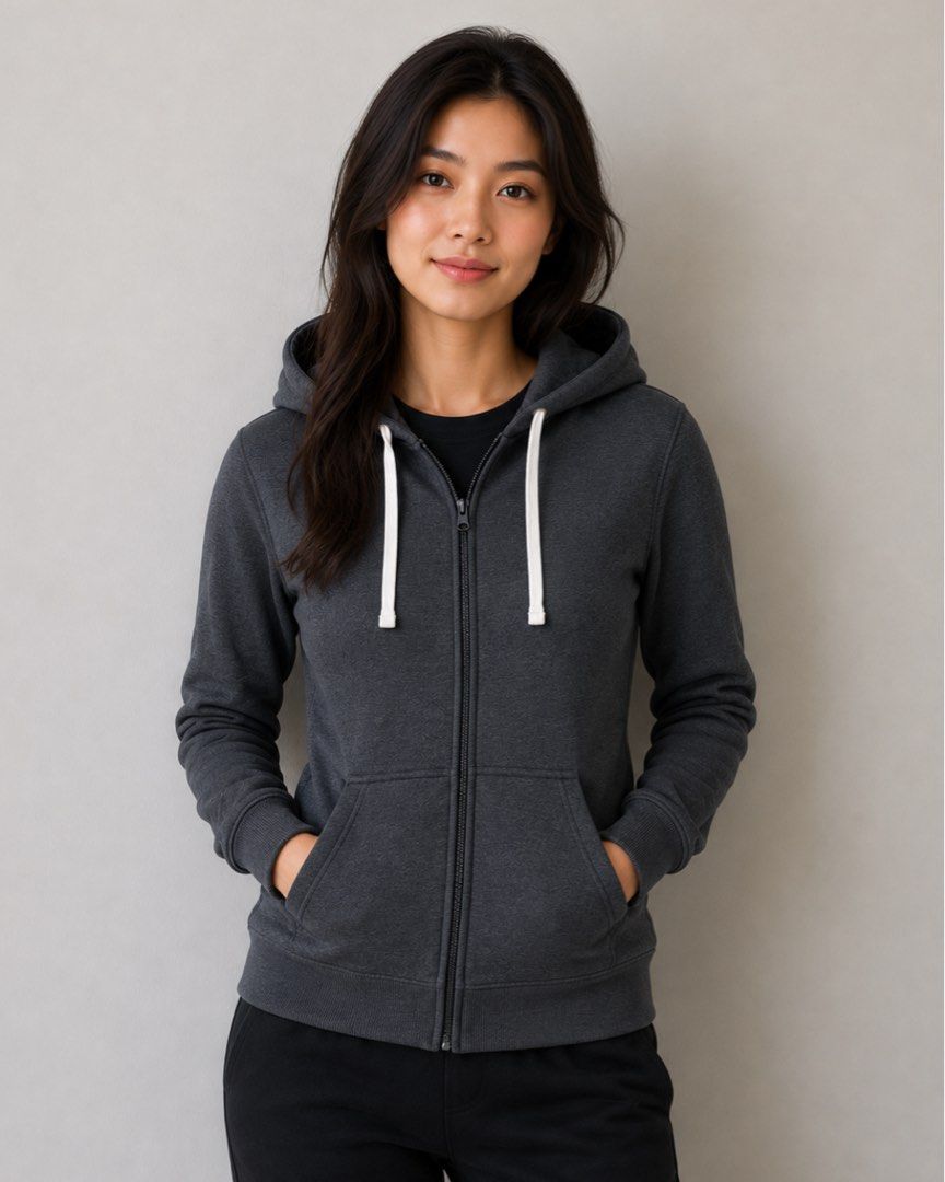 0005 - AMAZON ESSENTIALS Hoody Jacket (Category: Coats, Jackets and Outerwear) located in Silang. Submitted by ctb.ph (Listing ID 1446133580, Image 2). Description: 🏷️BRAND: Amazon Essentials (Authentic) 🎨COLOR: Charcoal Gray 📐SIZE & FIT: Small (S) W - 18 Inch L - 22Inch 💎 CONDITION: Excellent, pre-loved condition. No noticeable stains or tears. The main front zipper and pocket compartments are fully functional. The white drawstrings show lig