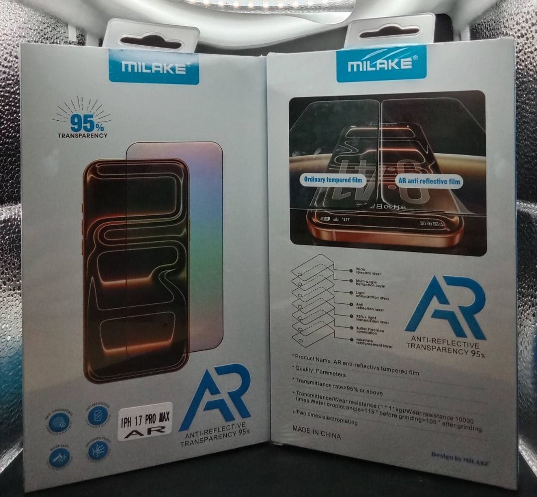 Anti-Reflection Premium AR Tempered Glass Screen protector for Iphone 17 PRO MAX (Category: Cases & Sleeves) located in Cavite. Submitted by milake_official (Listing ID 1446141218, Image 1). Description: IPHONE 17 PRO MAX - PREMIUM Tempered glass protector CSG Glass, 0.33mm Thickness Base Plate Thickness 0.65mm Crown 480AB Adhesive 2X Strengthening Process Transmittance ＞96% Abrasion Resistance 10,000 Cycles ＞115° Before Abrasion, ＞105° After Abr