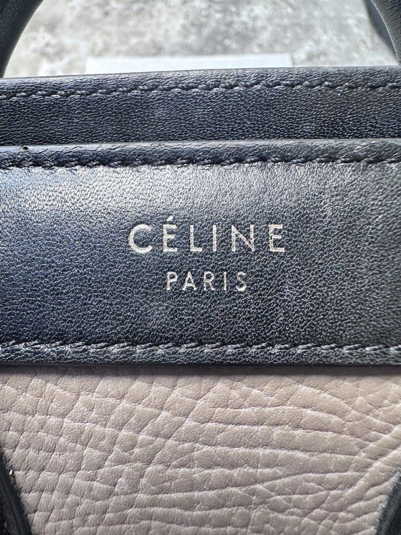 AUTHENTIC Celine Nano Luggage Tote Bag (Category: Luxury Bags & Wallets) located in Quezon City. Submitted by la.deals (Listing ID 1446118544, Image 3). Description: Celine Nano Luggage tote bag. Two-tone design with black and beige leather. Has top handles and a detachable shoulder strap. Zipper closure on the front pocket and main compartment. Made in Italy. Shows some signs of wear on the zipper pull and interior..