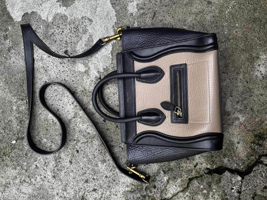 AUTHENTIC Celine Nano Luggage Tote Bag (Category: Luxury Bags & Wallets) located in Quezon City. Submitted by la.deals (Listing ID 1446118544, Image 1). Description: Celine Nano Luggage tote bag. Two-tone design with black and beige leather. Has top handles and a detachable shoulder strap. Zipper closure on the front pocket and main compartment. Made in Italy. Shows some signs of wear on the zipper pull and interior..