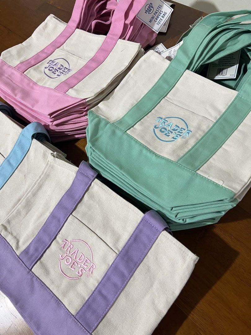 Authentic Trader Joes Mini Canvas Tote Bag (Category: Tote Bags) located in Las Pinas. Submitted by peterjackstone (Listing ID 1445992623, Image 2). Description: Pastel Color Mini Size available 1 green .
