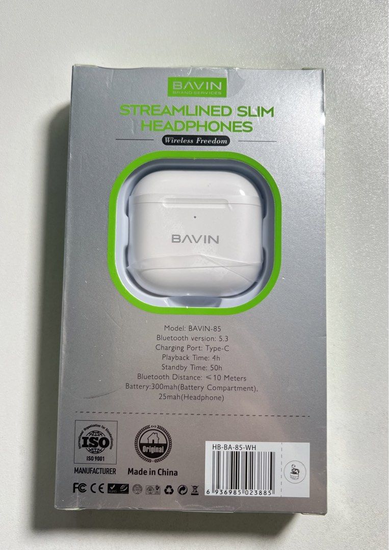 Bavin Streamlined Slim Headphone Wireless Earbuds (Category: Earphones) located in Quezon City. Submitted by goodiesbyg (Listing ID 1446079784, Image 1). Description: - Bavin 85 Wireless Earbuds - Charging Port: Type-C - Standby Time: 50 hours - Battery Capacity: 300mAh (Case), 25mAh (Each Earbud) - Features: Bavin App support for Find My Earbuds, AI Translator, and Speech Recording - Brand new .