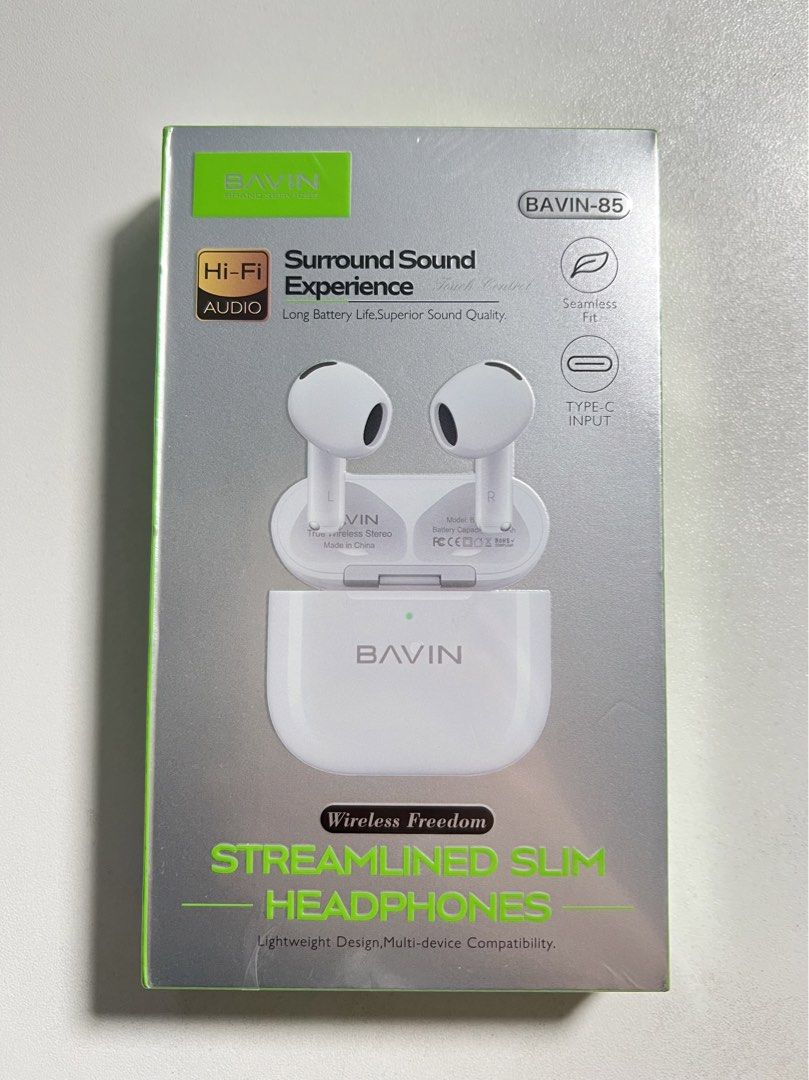 Bavin Streamlined Slim Headphone Wireless Earbuds (Category: Earphones) located in Quezon City. Submitted by goodiesbyg (Listing ID 1446079784, Image 2). Description: - Bavin 85 Wireless Earbuds - Charging Port: Type-C - Standby Time: 50 hours - Battery Capacity: 300mAh (Case), 25mAh (Each Earbud) - Features: Bavin App support for Find My Earbuds, AI Translator, and Speech Recording - Brand new .