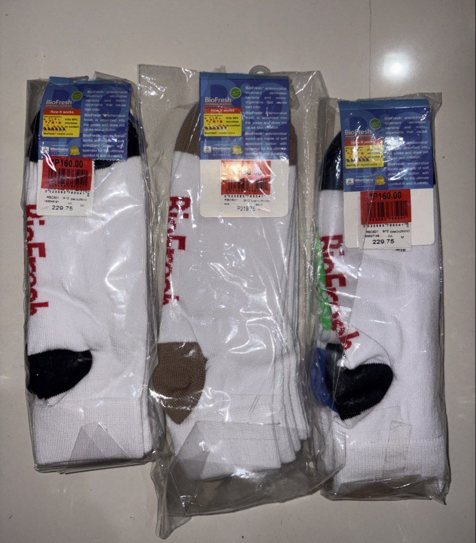 Biofresh Socks (3 pairs per pack) (Category: Socks) located in Manila. Submitted by yans.collections (Listing ID 1446001266, Image 2). Description: Brand New Biofresh Socks - 160 (per pack) MOP: Gcash Shipping (lalamove, grab, LBC) shouldered by the buyer loc: manila .