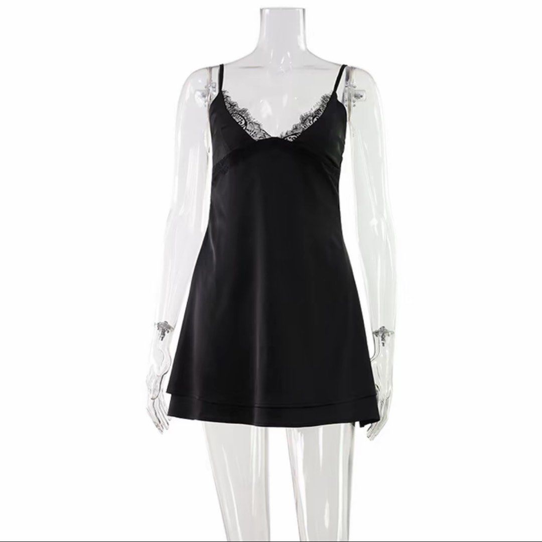 Black Satin Lace Mini Dress (Category: Dresses) located in Quezon City. Submitted by danalou (Listing ID 1446109866, Image 1). Description: - brand new - size small - with adjustable straps - no when worn.