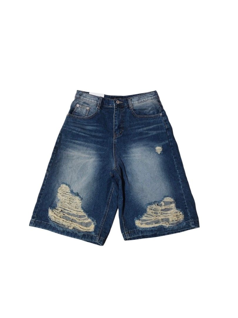 Blue Distressed Ripped Denim Shorts (Category: Shorts) located in Davao. Submitted by thriftforus (Listing ID 1446068361, Image 1). Description: - Cool blue denim shorts - Ripped details on the front -Waist 28-30 length 24 thigh 14 - Mid-thigh length - Button and zip closure - Front and back pockets - Ideal for casual wear.