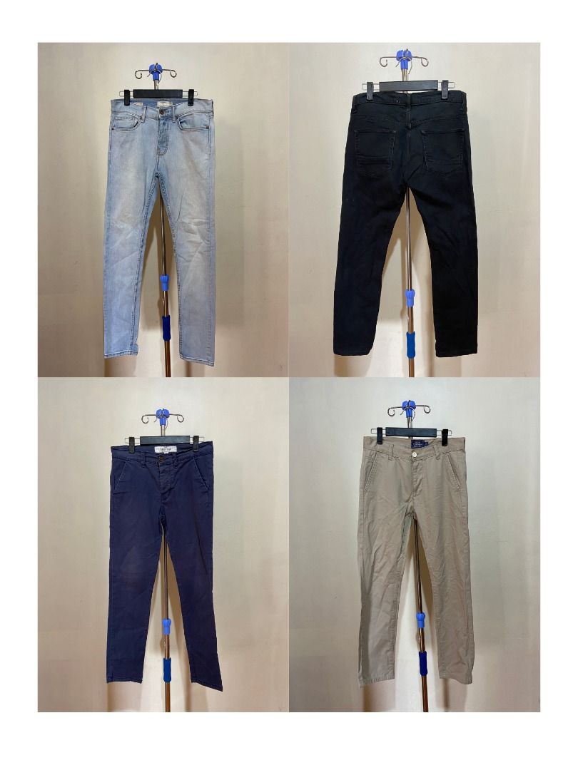 [Topman] Take All 4 Men's Original Pants (Category: Trousers) located in Quezon City. Submitted by thedeclutterer_ (Listing ID 1446100884, Image 1). Description: *Buy 1 Promo Bundle, Get P100 off on other Promo Bundles 1). [Topman] Original Stretch Skinny Light Wash Jeans Description: - No flaws - Like new condition Dimensions: Waist - 30 in Length - 40.5 in 2). [Topman] Original Stretch Skinny Black Jeans Description: - No flaws - Like new condi