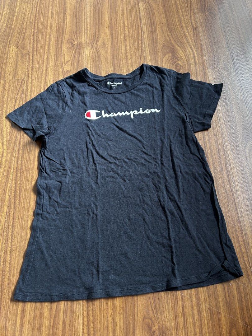 Champion T-shirt Black Size L (Category: Tshirts & Polo Shirts ) located in Quezon City. Submitted by sdnncmp (Listing ID 1446049714, Image 2). Description: Authentic Champion T-Shirt - size L on tag, good for size M also Dm for any inquiries or questions.