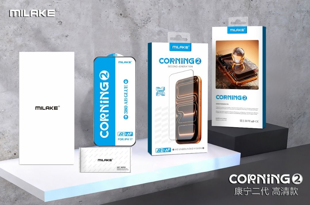 CORNING tempered glass Screen Protector for iPhone 17 PRO MAX (Category: Cases & Sleeves) located in Cavite. Submitted by milake_official (Listing ID 1446142426, Image 1). Description: MILAKE PREMIUM Top Quality Corning Glass! 2 meter ball drop test - 64g!! Super strong glas!! Corning Glass, 0.33mm Thickness, Base Plate Thickness 0.5mm 45kg resistance 3x Strengthening Process Transmittance ＞92% Abrasion Resistance 10,000 Cycles 380 AB glue for pe