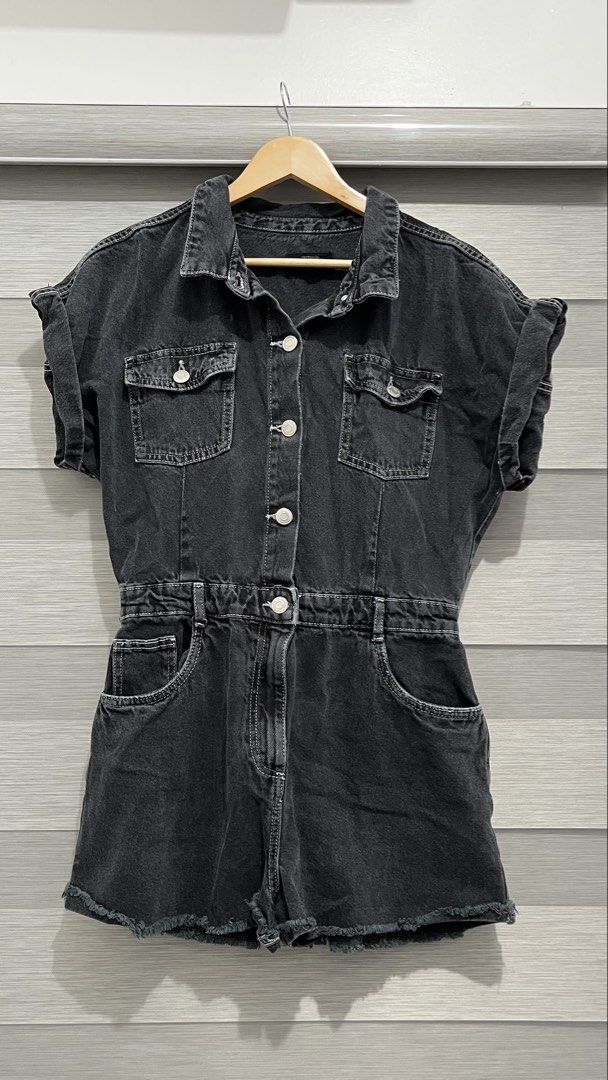 Cotton On Black Denim Button Up Short Playsuit (Category: Rompers) located in Naga. Submitted by lilycheedeclutter (Listing ID 1446071315, Image 1). Description: WAIST: 16 in. (via Tape measure) LENGTH: 31 in. (from sleeves to shorts) For ref. my measurements are 38B and 32W.
