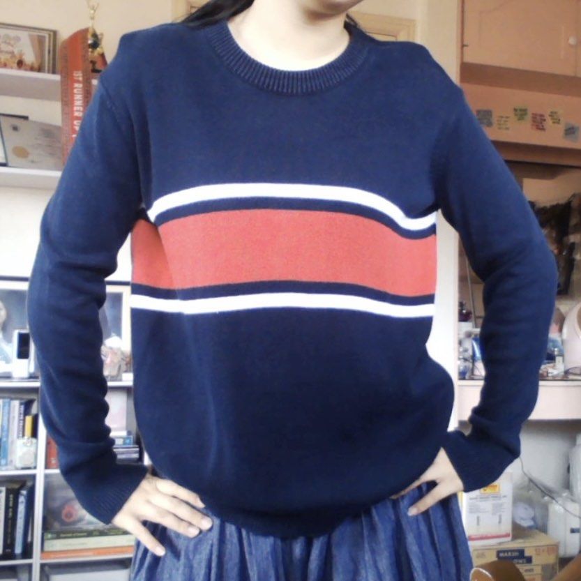 cozy blue red white stripe layering crewneck sweater pullover top (Category: Longsleeves) located in Manila. Submitted by avie.declutters (Listing ID 1445984739, Image 2). Description: .ᐟ Kindly look through ALL photos carefully before sending an offer .ᐟ Inquiries will only be entertained if regarding size, flaws, or RFS ✦ payment: GCash, bank transfer (NO COD) ✦ delivery: J&T, Lalamove (same-day delivery) ✦ meet-ups: not available ⧽ Accepted of