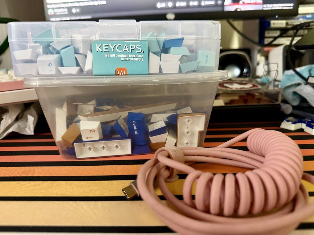 Custom Mechanical Keyboard with Pink Cable and Keycaps (Category: Computer Keyboard) located in Quezon City. Submitted by espneon (Listing ID 1446078549, Image 3). Description: Hello! I'm selling some keyboard stuff that I don't use anymore to pay off some medical bills. Royal Kludge 84 Tri-mode, in good condition (no issues) - with Akko Lavender purples - ₱1,200 Keycap sets (would love to sell these with the keyboard and switches), bought from Y