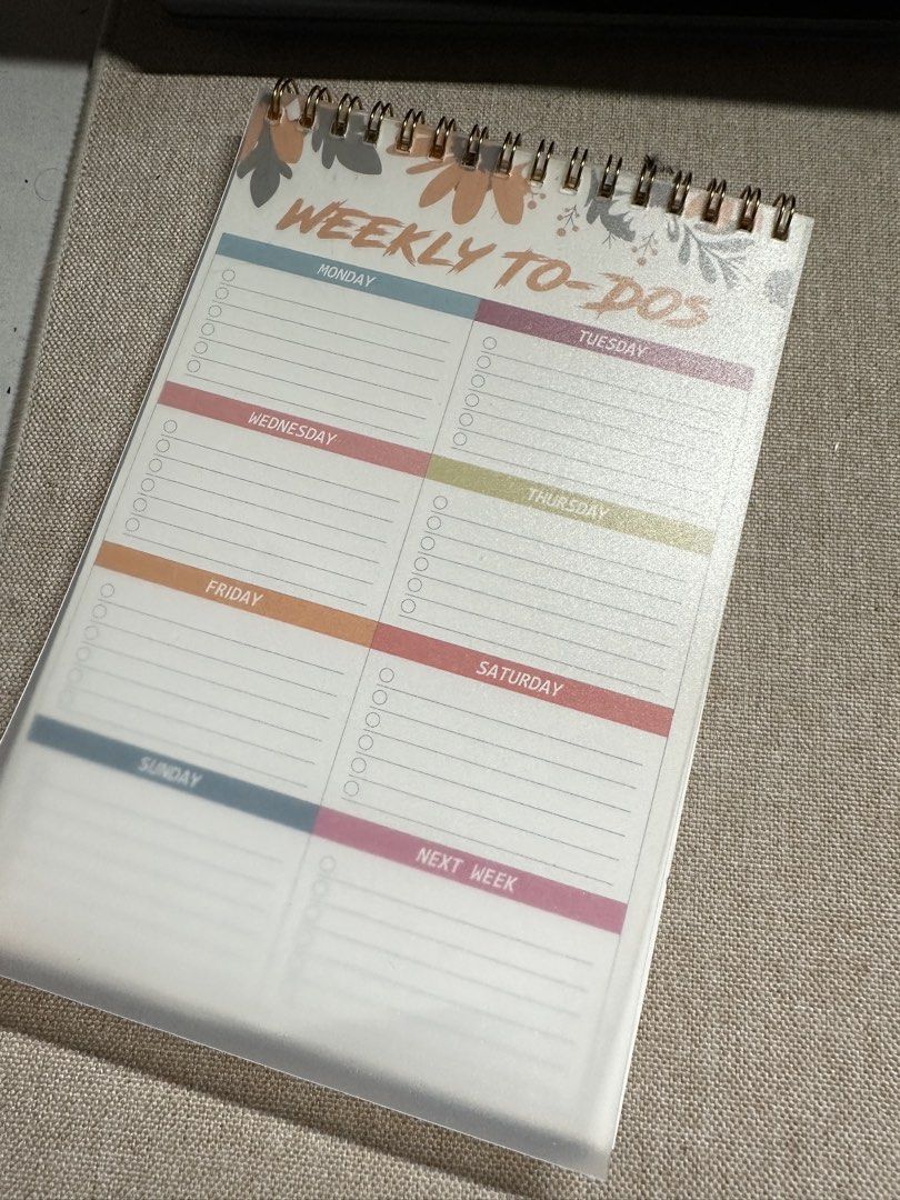 Cute Floral Weekly To-Do List Notepad Planner (Category: Stationery & School Supplies) located in Quezon City. Submitted by jigarcia__ (Listing ID 1446030953, Image 1). Description: - Cute floral design weekly to-do list notepad - Ample space for daily tasks - Includes a 'Next Week' section - Spiral bound for easy page turning - Perfect for staying organized Bought this at KKV. Di ko sya nagamit since mas prefer ko padin ang planner notebook..