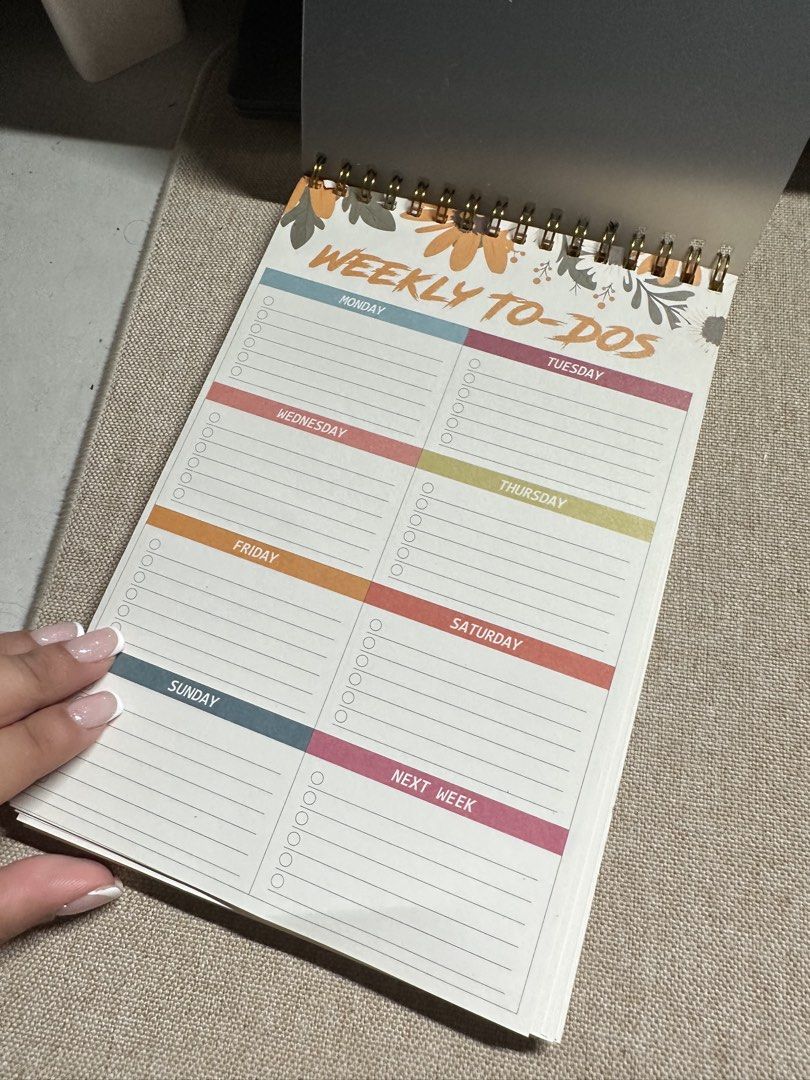 Cute Floral Weekly To-Do List Notepad Planner (Category: Stationery & School Supplies) located in Quezon City. Submitted by jigarcia__ (Listing ID 1446030953, Image 2). Description: - Cute floral design weekly to-do list notepad - Ample space for daily tasks - Includes a 'Next Week' section - Spiral bound for easy page turning - Perfect for staying organized Bought this at KKV. Di ko sya nagamit since mas prefer ko padin ang planner notebook..