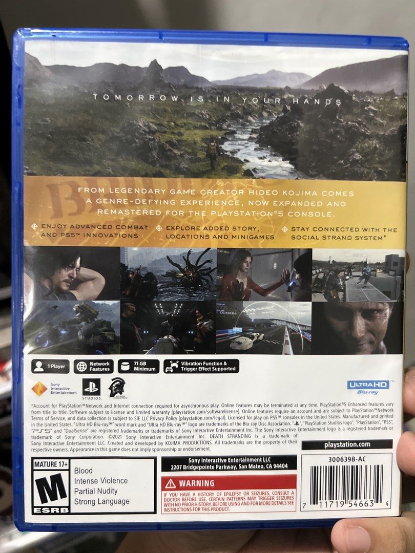 Death Stranding Director's Cut PS5 Game (Category: PlayStation) located in Quezon City. Submitted by thegroovearchive (Listing ID 1446083357, Image 2). Description: - Death Stranding Director's Cut for PlayStation 5 - Expanded and remastered version of the acclaimed game - Features advanced combat and new story content - Utilizes PS5 innovations for an enhanced experience - Connect with other players via the Social Strand System - ESRB Rating: Ma
