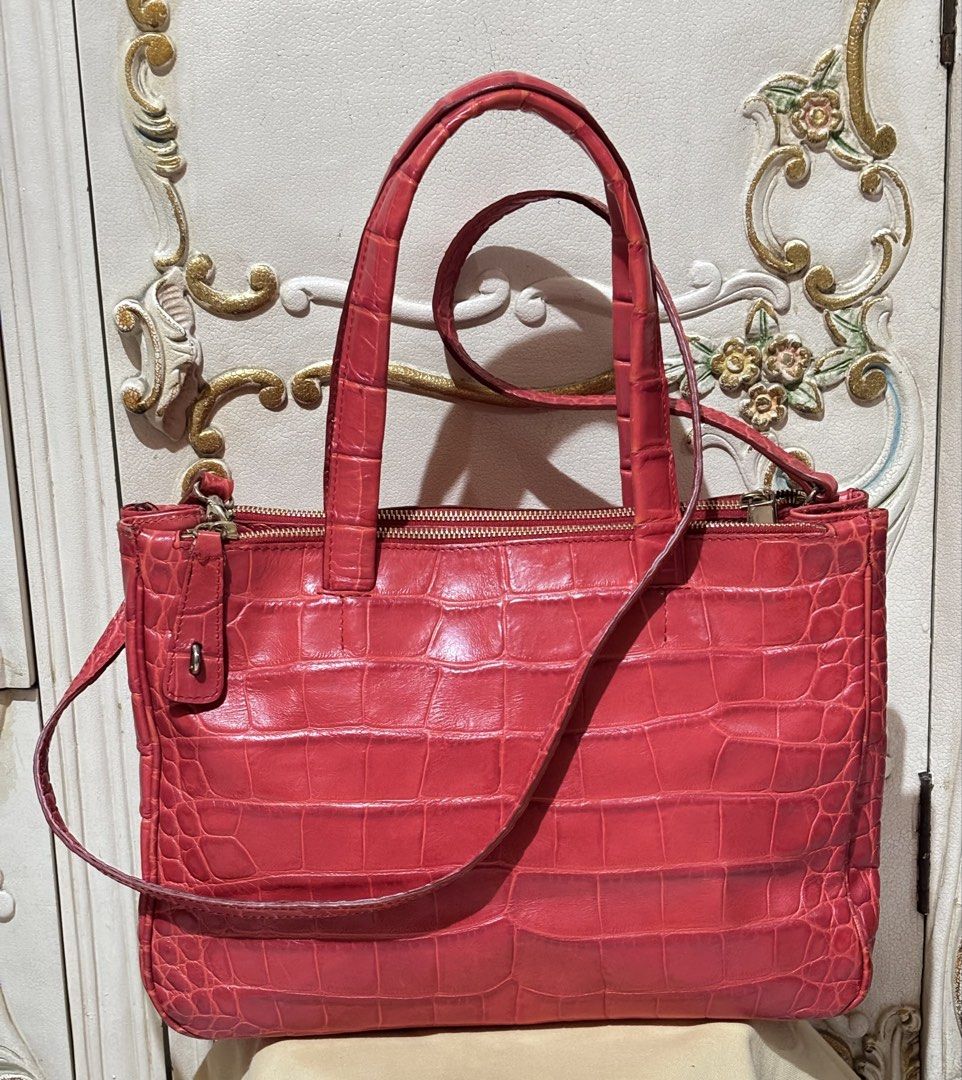 FURLA CROC EMBOSSED TOP HANDLE BAG VINTAGE AUTHENTIC (Category: Luxury Bags & Wallets) located in Bulacan. Submitted by herbertvintageshop (Listing ID 1446128876, Image 1). Description: Authentic furla croc embossed top handle bag / red top handle bag Gold tone non tarnis / great condition Shoulder long handle drop 55cm Handle drop 19cm Width 33cm Height 25cm Depth 12cm Made in tunisia hard to come by / from japan See pic to appreciate Courier fl